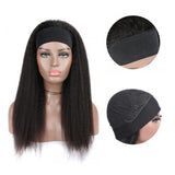 Kinky Straight Glueless Headband Wig in Natural Black, 180% Density, on mannequin and detailed views.