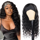 Loose deep wave glueless headband wig in natural black with 180% density, virgin human hair.