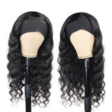 Loose deep wave glueless headband wig in natural black, 180% density, made from virgin human hair.