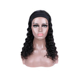 Loose deep wave glueless headband wig in natural black with 180% density.