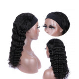 Loose deep wave glueless headband wig in natural black, 180% density with virgin human hair.