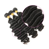 Loose deep curly virgin human hair bundles in natural black, showcasing defined curl pattern and luxurious volume.