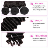 Loose deep curly virgin human hair bundles in natural black, showcasing high-quality material, chemical-free processing, and healthy ends.