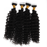 Deep wave virgin human hair extensions in natural black, tape-in, 20 pieces, 50 grams.