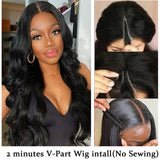 Body Wave #1B Natural Black V Part Wig, 100% Virgin Human Hair, 180% Density, Easy Install, No Sewing.